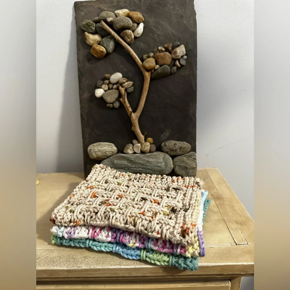 Handmade Knitted Bath Multi-Colored Washcloths: Made from 100% Cotton Set of 3